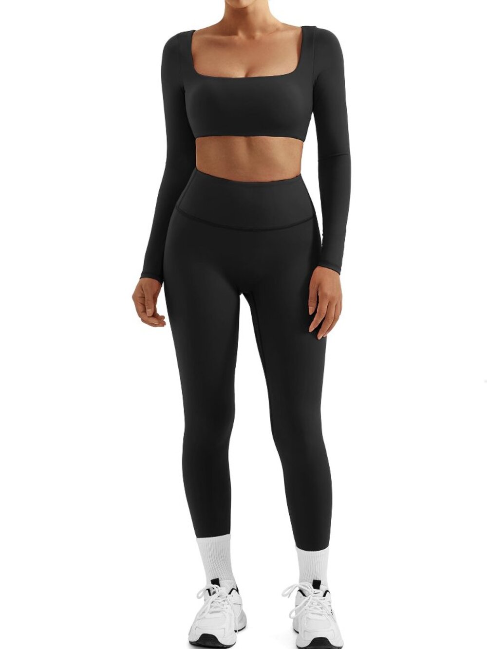 Workout 2- Set Compression Yoga Pants with Pockets Long Sleeve Square Top